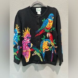 VTG The Quaker Factory Black cardigan with Parrots All
Over Sz M